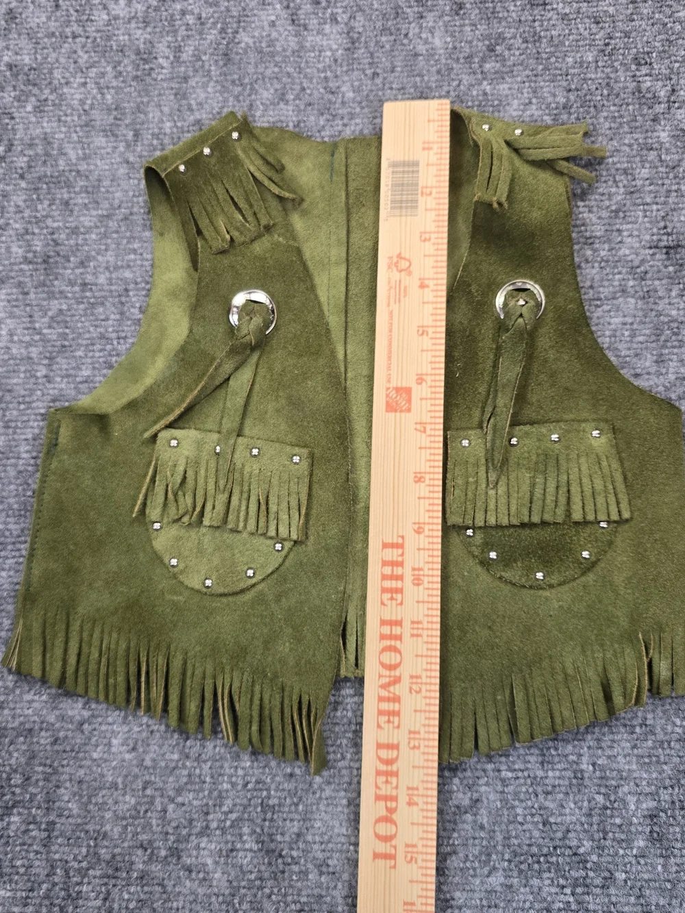 Vintage Sears Kids Leather Fringe Vest Olive Green Western Cowboy Size 4/5